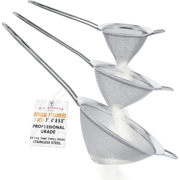 Set of 3 Stainless Steel Conical Strainers - 3", 4" & 5.5" Sizes - Chinois Style, Extra Fine Twill Mesh Sieve, Stainless Steel Strainers and Colanders for Kitchen