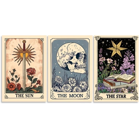 Set of 3 The Sun Moon Star Wall Art Mystical Tarot Card Print Earthy Boho Celestial Pictures Decor Astrology Posters Spiritual Witchy Room Aesthetic Painting for Bedroom Unframed