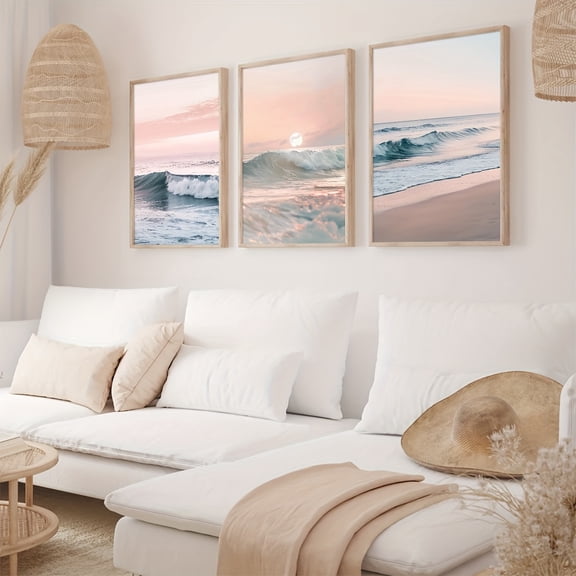 Set of 3 Sunrise Shoreline Wall Art Decor Pictures, Soft Pink Sunset Wave Photography Art Print, Coastal Home Decor, Living Room Art Decor, Modern Home Wall Art Decor, Ideal Home Gift Idea, Unframed