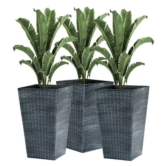 Set of 3 Tall Planters with Drainage Hole, Outdoor Flower Pots, Indoor Planters for Porch, Front Door, Entryway, Patio and Deck, Gray Gray + Polypropylene