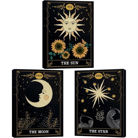 Set of 3 Tarot Cards Celestial Canvas Prints Wall Art Star Sun And Moon Print Poster Mystic Themed Art Astrology Art Boho Decor Medieval Europe Room Decor For Bedroom, Living Room