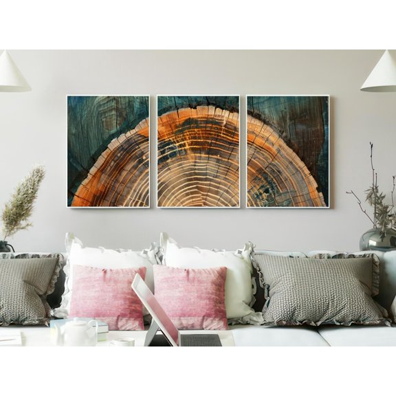 Set of 3 Textured Wood Art Prints, Faux Charred Timber Triptych, Rustic Nordic Tree Ring Decor, Dark Green & Orange Gallery Wall Set, Stretched Canvas