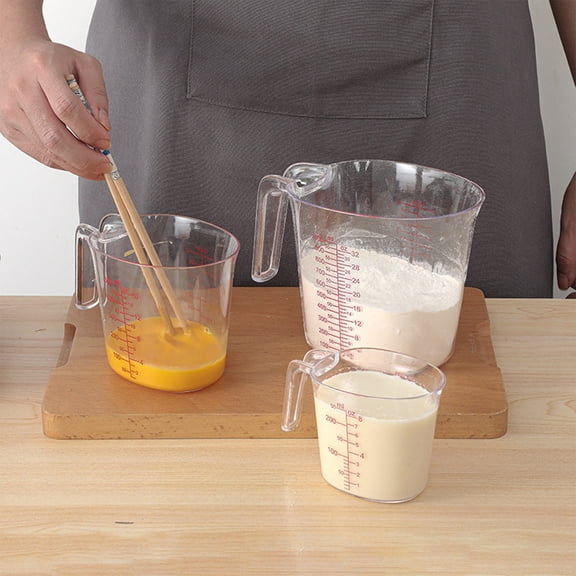 Set of 3 Thickened Transparent Plastic Measuring Cups 250ml 500ml 1000ml Clear Scale Markings Ergonomic Grip Stackable Liquid Measuring Tool for Home Kitchen Cooking Baking and Bartending Accessory