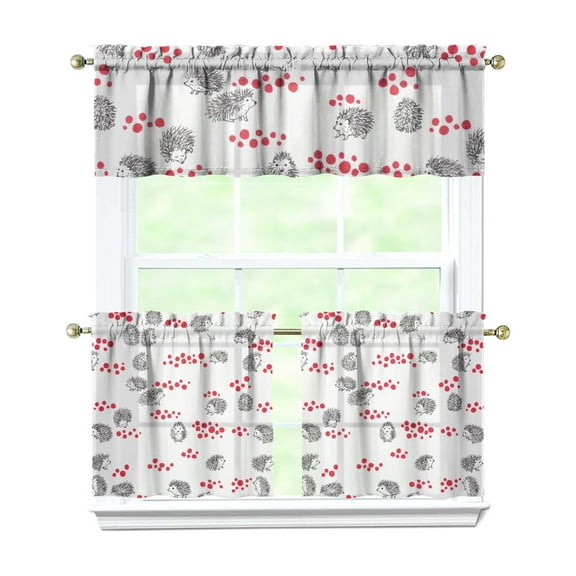 Set of 3 Tier Window Curtains - Adorable Cartoon Hedgehog & Night Sky Artistic Design, Rod Pocket Short Curtains for Kitchen/Bathroom (Includes Valance)