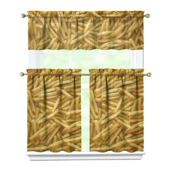 Set of 3 Tier Window Curtains - Fries Lover & I Love Fries Pattern, Cheesy Curly Street Food Theme, Machine Washable Rod Pocket Caf Curtains, Small Kitchen Window Treatments 54x18"+2x27.5x36"