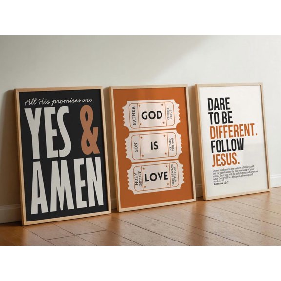Set Of 3 Trendy Christian Wall Art His Promises Are Yes And Amen God Is Love Poster Dare To Be Different Christian Dorm Decor Wall Art Set, Stretched Canvas