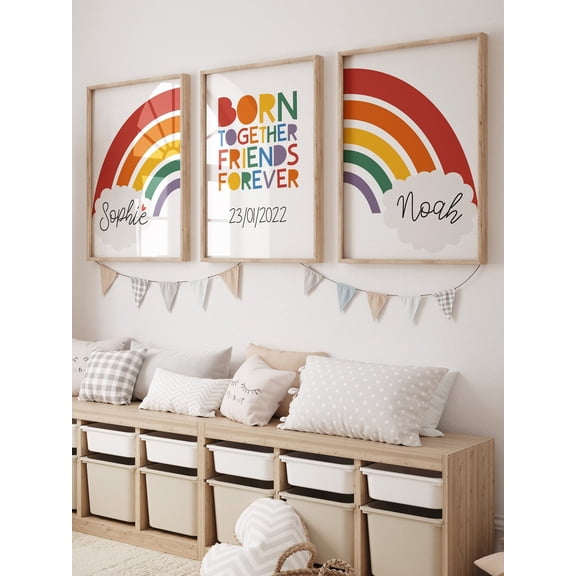Set of 3 Twins Bedroom Decor, Twins Prints, Born Together Friends Forever, Playroom, Brother Sister, Rainbow Print, Nursery Prints, Siblings, Poster Only