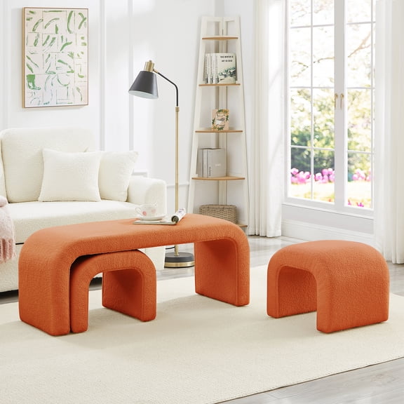 Set of 3 U-Shaped Modern Bench Teddy Ottoman Bench for Entryway, Bedroom End of Bed, Set of 3 Small Sofa Footrest Extra Seating for Living Room, 44+18 Inch Bench Bench & Ottoman- Orange