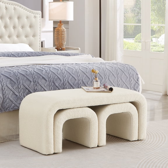 Set of 3 U-Shaped Modern Bench Teddy Ottoman Bench for Entryway, Bedroom End of Bed, Set of 3 Small Sofa Footrest Extra Seating for Living Room, 44+18 Inch Bench Bench & Ottoman- Cream