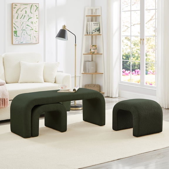 Set of 3 U-Shaped Modern Bench Teddy Ottoman Bench for Entryway, Bedroom End of Bed, Set of 3 Small Sofa Footrest Extra Seating for Living Room, 44&18 Inch Bench Bench & Ottoman- Dark Green 69599
