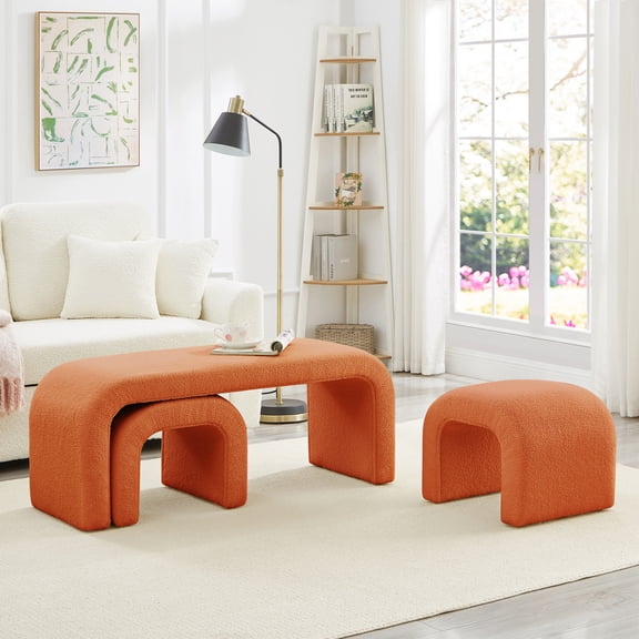 Set of 3 U-Shaped Modern Ottoman Bench Set, 44" Wide Teddy End of Bed Bench with 2 Small Stools, Sofa Footrest Extra Seating for Living Room Bedroom, Orange