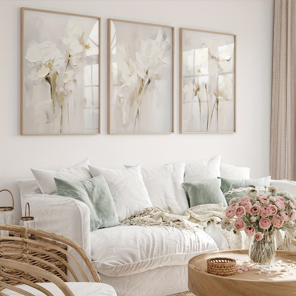 Set of 3 Unframed Beige Boho Abstract Floral Wall Art - Minimalist ...