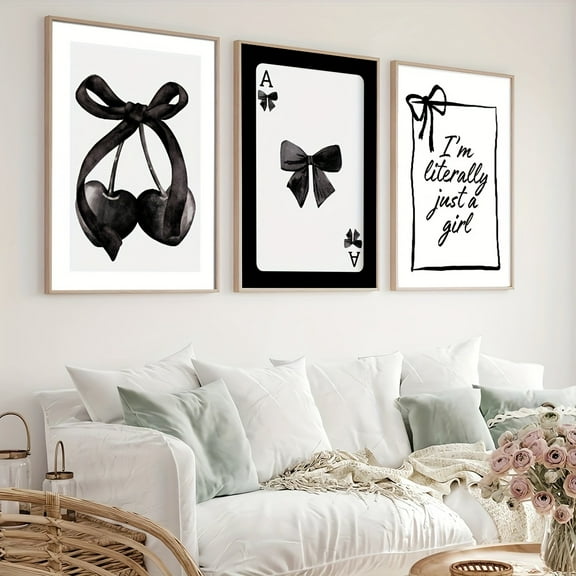 Set of 3 Unframed Black Bows & Cherry Canvas Art Prints - Modern Minimalist Wall Decor with Inspirational Quotes, Perfect for Dorm, Bedroom, Living Room - Chic Preppy Aesthetic, Bold Black & White D