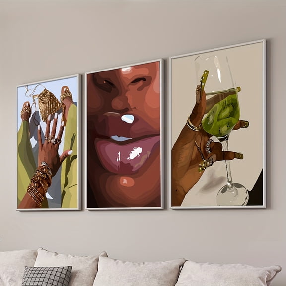 Set of 3 Unframed Black Girl Trendy Poster Abstract Fashion Woman Illustration Canvas Painting Funky Wall Picture for Dorm,Living Room,Bedroom,Modern Home Decoration,Frameless