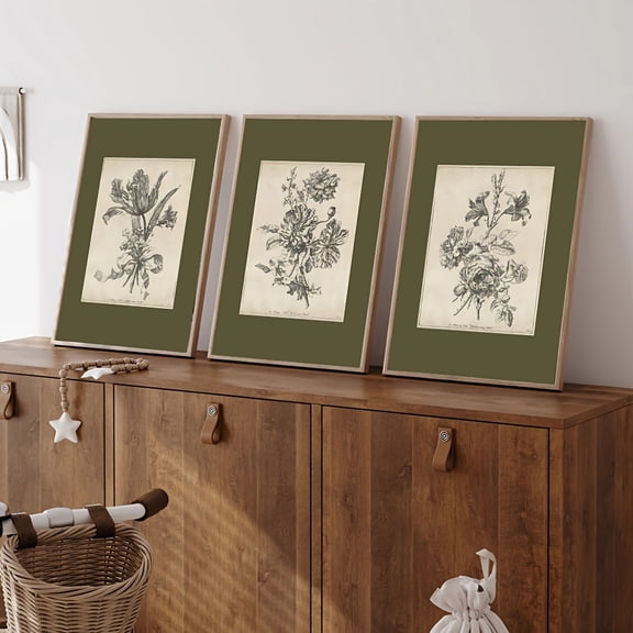 Set of 3 Unframed Boho Green Sketch Flower Vintage Wall Art Poster Canvas Print Minimalist Antique Botanical Floral Rustic Retro Painting for Dorm,Apartment,Living Room,Bedroom,Modern Home Decoratio