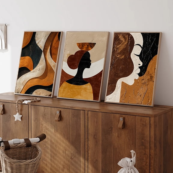 Set of 3 Unframed Brown Abstract Geometric African Woman Vintage Wall Art Poster Canvas Print Boho Minimalist Swirl Art Painting for Dorm,Living Room,Bedroom,Modern Home Decoration