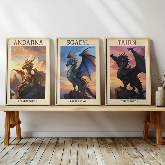 Set of 3 Unframed Fourth Wing Dragons Retro Poster Art: Tairn, Andarna, And Sgaeyl - Dragon Rider Art Vintage Minimalist Canvas Print for Dorm, Apartment, Living Room, Bedroom, Home Decoration