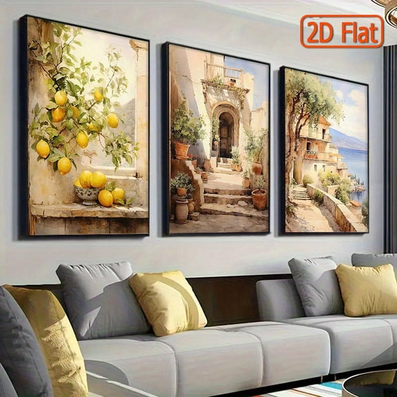 Set of 3 Unframed Mediterranean Landscape Canvas Art Prints - Charming Coastal Village Scenes with Soft Pastel Tones, Serene and Relaxing Artwork for Living Room, Dining Room, or Vacation Home Decor