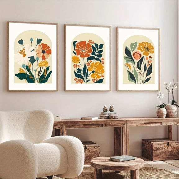 Set of 3 Unframed Vintage Boho Floral Terracotta Wall Art Poster Canvas Print Abstract Botanical Flower Market Retro Painting for Apartment,Living Room,Bedroom,Modern Home Decoration