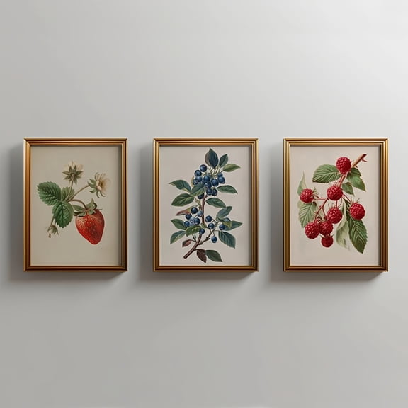 Set of 3 Unframed Vintage Fruit Strawberry Raspberry Blueberry Rustic Art Poster Retro Botanical Kitchen Decor Painting Canvas Print Maximalist Wall Picture for Dorm, Apartment, Bedroom, Living Room