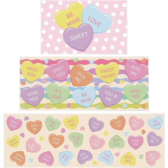 Set of 3 Valentine Kitchen Rugs Conversation Heart Kitchen Mats Set Washable Cute Valentine‘s Day Floor Mats Bedroom Decoration Rugs for Home Living Room Decoration