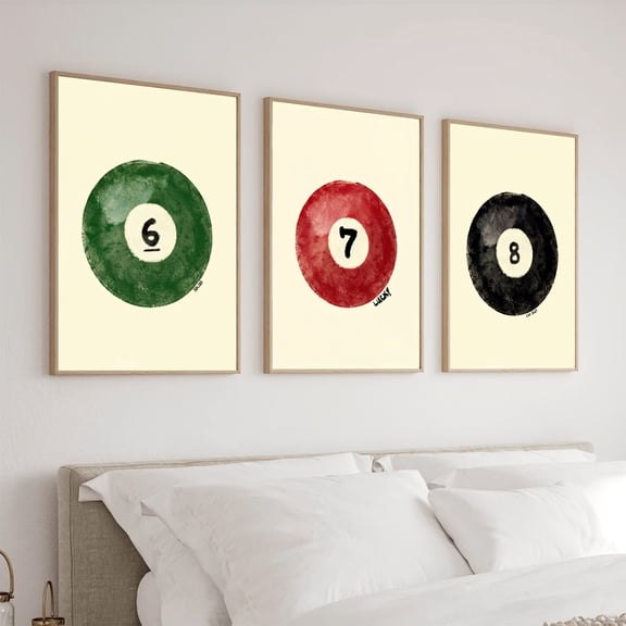Set of 3 Vintage Billiards Prints, Retro Hand Painted Wall Art Prints, Stylish Wall Art, Set of Three Billiards Posters 6, 7, 8 Ball Prints, Vintage Game Room Decor, Dorm Wall Art, Unframed