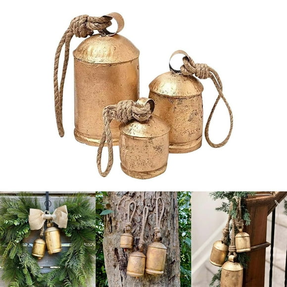 Set of 3 Vintage Brass Christmas Cow Bells Handmade Rustic Farmhouse Holiday Decor Large Metal Hanging Bells for Christmas Tree Door Wall Staircase Indoor Outdoor Décor Festive Home Decoration