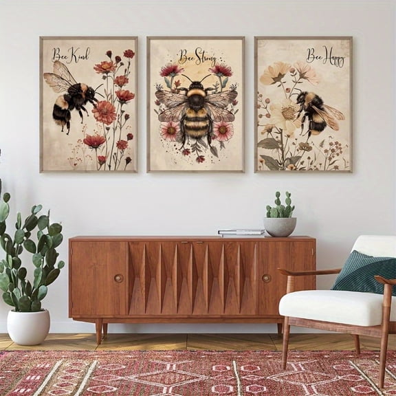 A Set of 3 Vintage Floral Motivational Wall Art Prints, Featuring Strong, Happy, And Kind Bees. These Fun-Themed Home Decorations Are Living Room Decor, Wall Art Prints, And Modern Wall Sets. They C