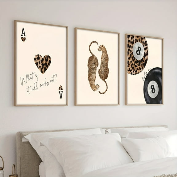 Set of 3 Vintage Posters Prints, Neutral Leopard Cheetah Print 8 Ball Lucky Trendy Wall arts, Gallery Preppy Chic Luxury Home Decor, Modern Minimalist Beige Vintage Abstract Art Decoration, No Frame