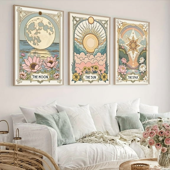 Set of 3 Vintage Sun Star Moon Tarot Art Print, Retro Floral Botanical Wall Art, Boho Flower Canvas Posters, Celestial Wall Decor, Astrology Gift for Living Room, Bedroom, Kitchen, Office, Cafe, Bar
