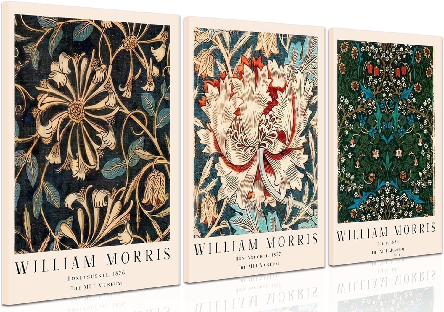 Set of 3 Vintage William Morris Canvas Wall Art, Green Botanical Wall ...