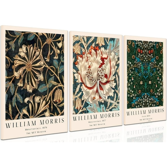 Set of 3 Vintage William Morris Canvas Wall Art, Green Botanical Wall Art Artwork Honeysuckle Flower Pictures Poster Prints Wall Decor, for Living Room Bedroom, 12x16in Framed
