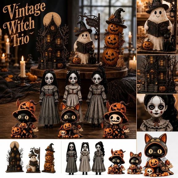 Set of 3 Vintage Witch Dolls, Rustic Wooden Halloween Figurines with Textured Fabric Dresses & Hand-Painted Faces, Creepy Gothic Shelf Sitter Decor for Farmhouse Mantel Display