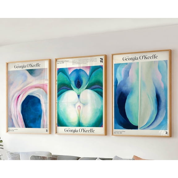 Set of 3 Wall Art Georgia O'Keeffe Prints Blue Pink Flower Triptych Wall Art Large Modern & Contemporary Botanical Decor Living Room, Stretched Canvas