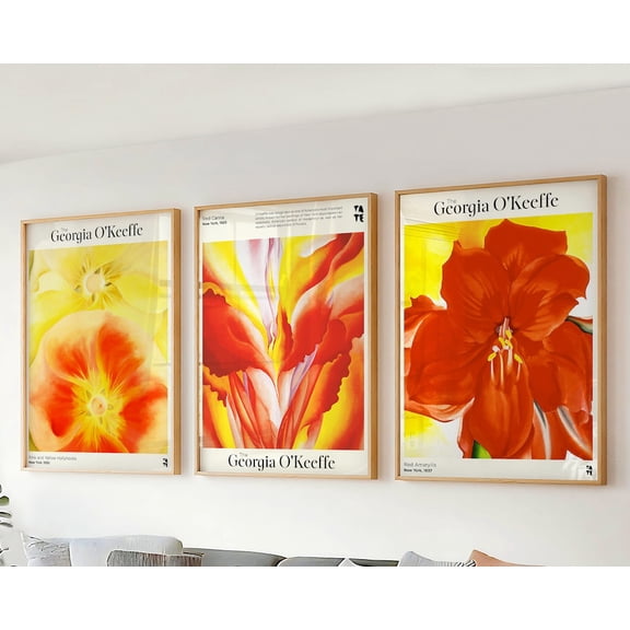 Set of 3 Wall Art Georgia O'Keeffe Prints Red Yellow Flower Triptych Wall Art Large Modern & Contemporary Botanical Decor Living Room, Stretched Canvas