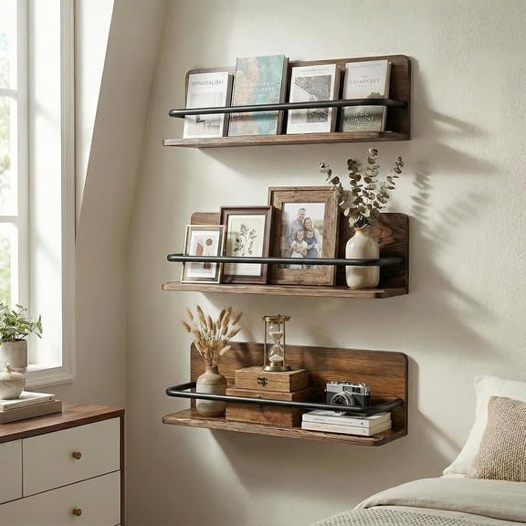 Set of 3 Wall Mounted Decorative Display Wooden Dual Plate Holders, Rustic Burnt Solid Wood Stand Shelf and Black Metal Rack Decor Hangers for 6 to 10 Inch Plates