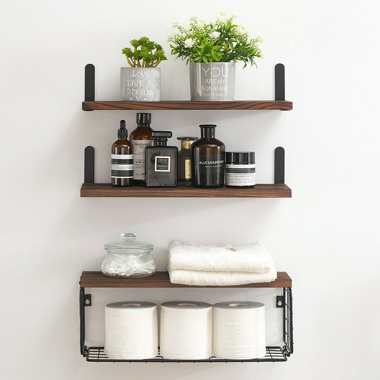 Set of 3 Wall Shelf, 16.5 x 6 Floating Shelves with Wire Basket