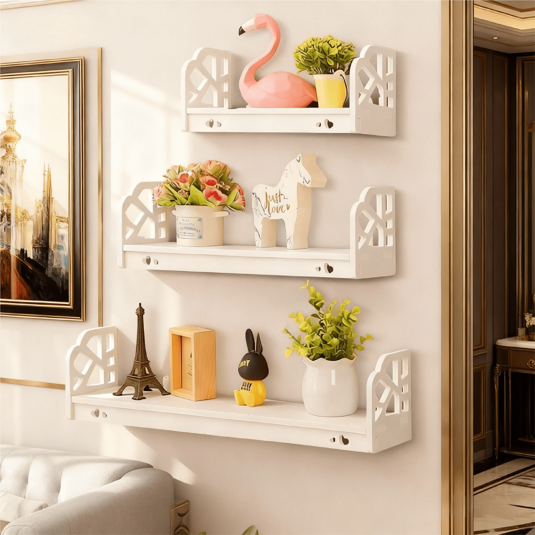 HONEIER 20 inch 3 Pack Wood Floating Shelves, Hanging Float Shelf for Wall Mounted Decorative Shelves, Set of 3, White