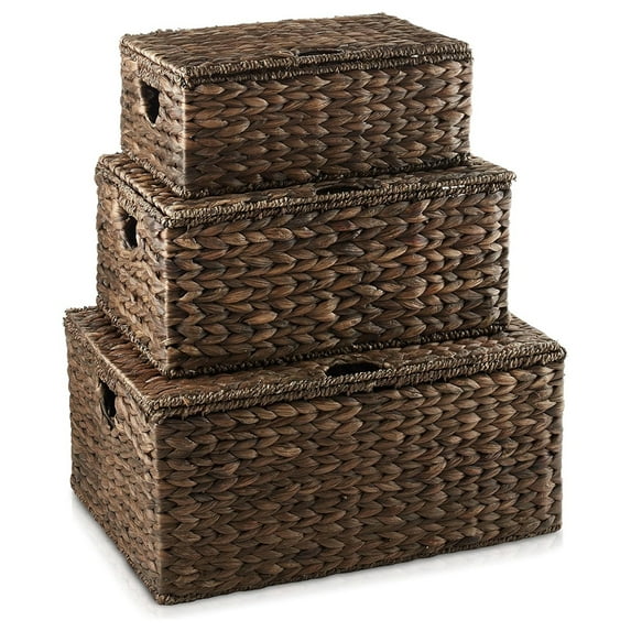 Set of 3 Water Hyacinth Rectangular Storage Baskets with Lids (Small/Medium/Large), Multipurpose Decorative Shelf Organization Totes for Bedroom, Bathroom, Laundry, Home, Office