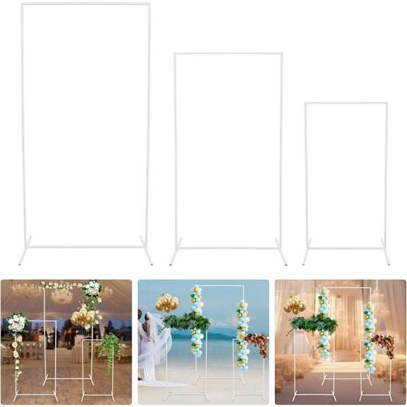 Set of 3 Wedding Arch Backdrop Stand 6.2FT & 5.2FT & 4.2FT Square Backdrop Arch Frame Set Metal Balloon Arbor for Party Ceremony Banquet Garden Decorations (White)