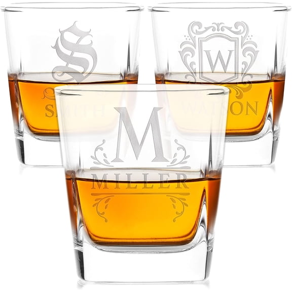Set of 3 - Whiskey Gifts for Men, Personalized Whiskey Glasses w/Name & Initial - 9 Designs - 9 oz, Limited Edition Monogrammed Rocks Glasses for Whiskey, Dad Gifts