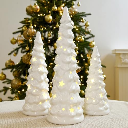 Set of 3 White Ceramic Christmas Trees Tabletop Christmas Tree with Stars and Dots Cutouts Ceramic White Christmas Decorations for Home$$Home Decor, Kitchen, & Other
