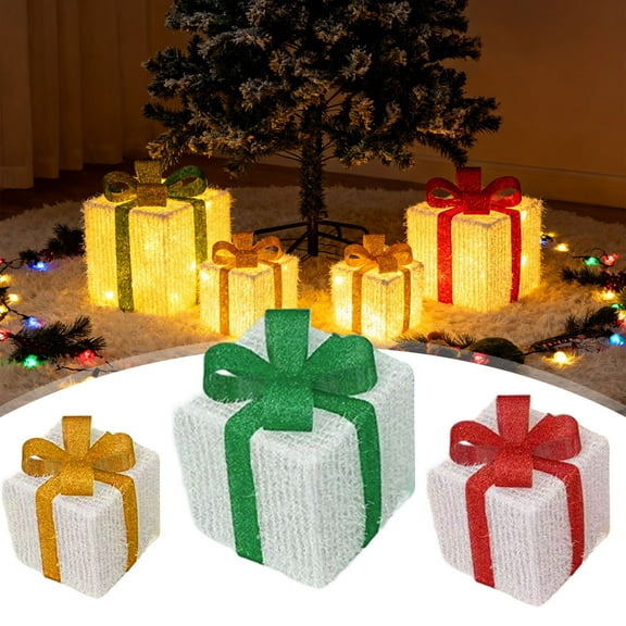 Set of 3 White Christmas Lighted Gift Boxes with LED Lights, Pre-lit Light Up Present Boxes with Bows, Battery Powered Indoor Outdoor Holiday Decor for Xmas Tree Yard Home