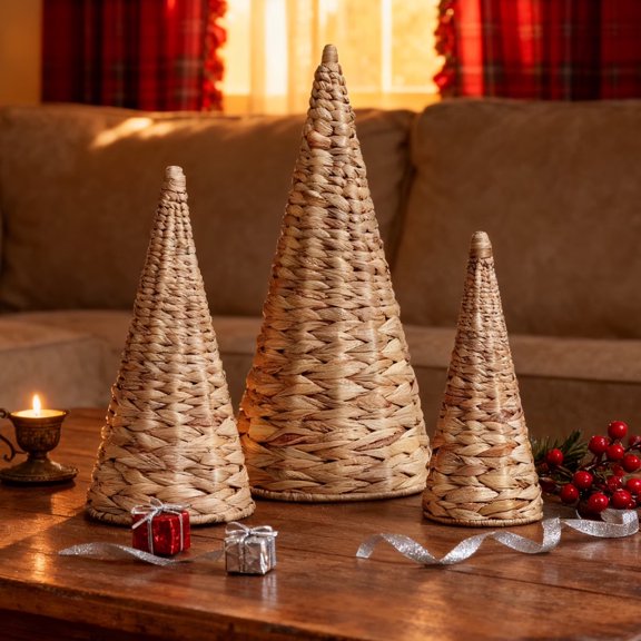 Set of 3 Wicker Christmas Trees, Natural Rattan Cone Decor, Handwoven Rustic Farmhouse Tabletop Centerpiece for Mantel Shelf Entryway, Boho Neutral Holiday Ornaments