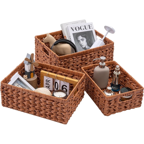 Set of 3 Wicker Storage Baskets, Decorative Baskets With Built-in Handles, Multipurpose Nesting Countertop Baskets for Shelves, Kitchen Organizers, Pantry, Bathroom, Toilet, Closet (Natural)