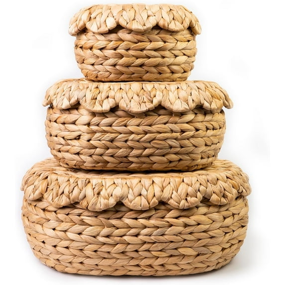 Set of 3 Wicker Storage Baskets with Lid - Decorative Handwoven Rattan Baskets for Organizing, Small Hyacinth Storage Boxes with Scalloped Edges, Natural Woven Storage Bins with Lids (Water Hyacinth)