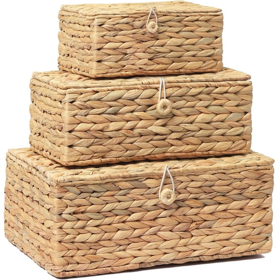 Set of 3 Wicker Storage Baskets with Lid, Large Rectangular Rattan Basket Decorative Boxes, Natural Water Hyacinth Wicker Basket for Shelf Organizer, Nursery Room