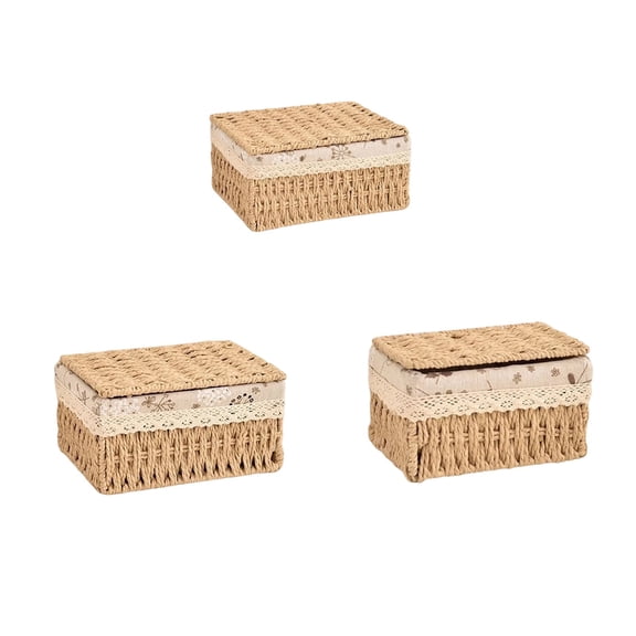 Set of 3 Wicker Storage Baskets with Lids and Liners, Khaki Rectangular Paper Rope Woven Boxes for Shelves, Bathroom, Living Room – Stackable Shelf Bins, Home Organization Supplies