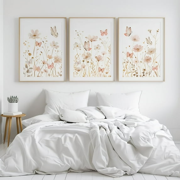 Set of 3 Wildflower Art Butterfly Pink Boho Wall arts, Pink Gold Beige Wildflower Floral Decor Botanical, Modern Minimalist Boho Flowers Posters, Spring Decoration, No Frame