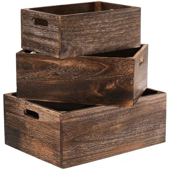 Set of 3 Wood Crate Box, Wood Nesting Storage Crates with Handle, Rustic Decorative Farmhouse Wooden Crates, Handmade Natural Solid Wooden Box for Closet Shelf and Kitchen Storage